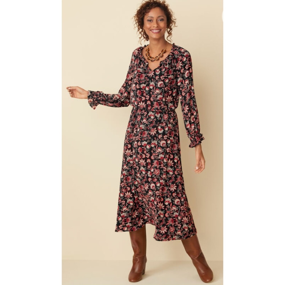 Talbots Bracelet Sleeve Autumn Garden Midi Fit & Flare Dress Large Black Floral